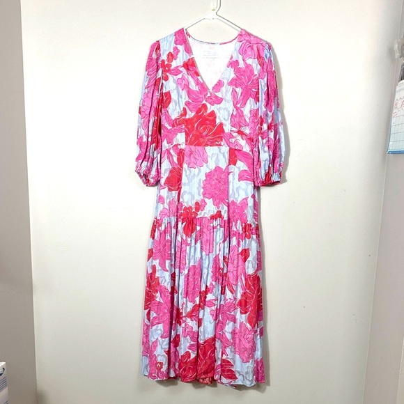 Vineyard Vines Kentucky Derby Seersucker Pink and White Floral Midi Dress size 6 - Picture 2 of 16